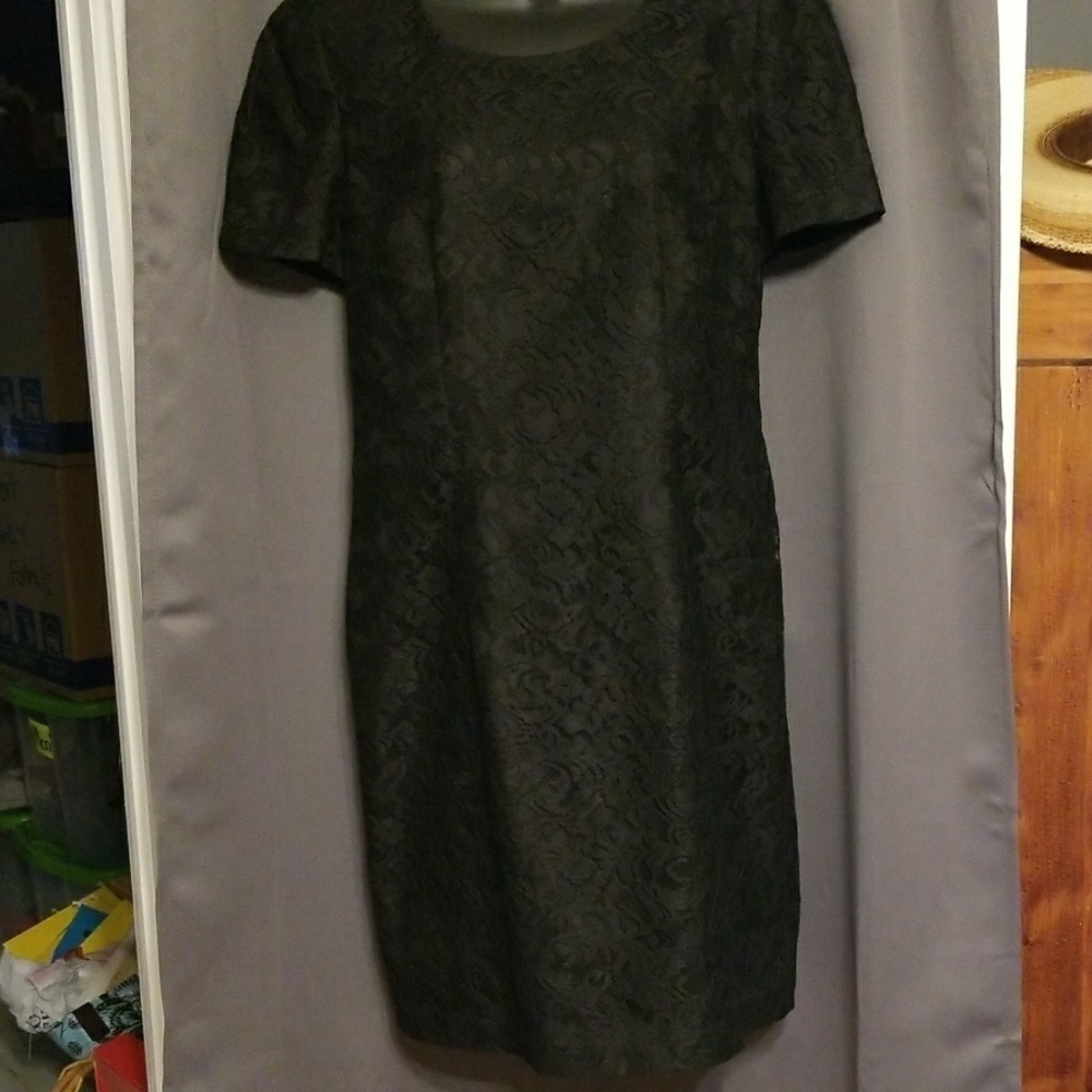 B.G.B. Petite Lacy Black‎ Dress Lined Dcoop Neck size 12 P EUC
